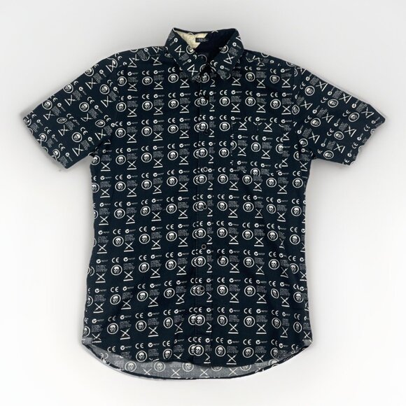 Y2K Volcom Skull Dead AOP Goth Punk Skate Mens Button Shirt Black Sz S Slim Fit - Picture 1 of 16
